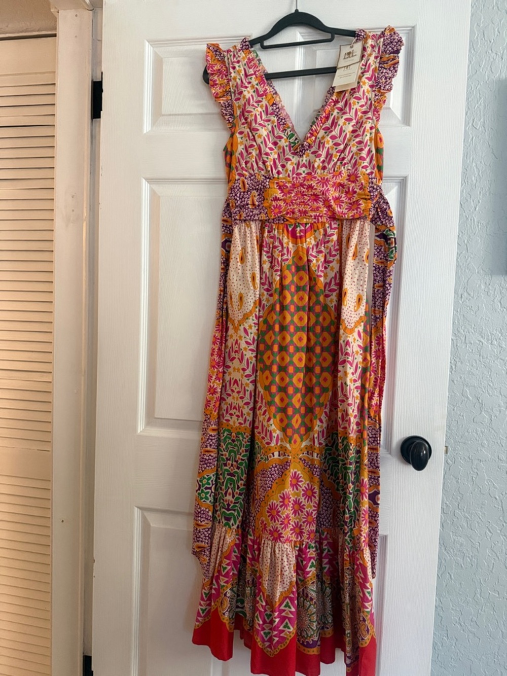 Bohemian Pink Multi Maxi Dress with V-Neck